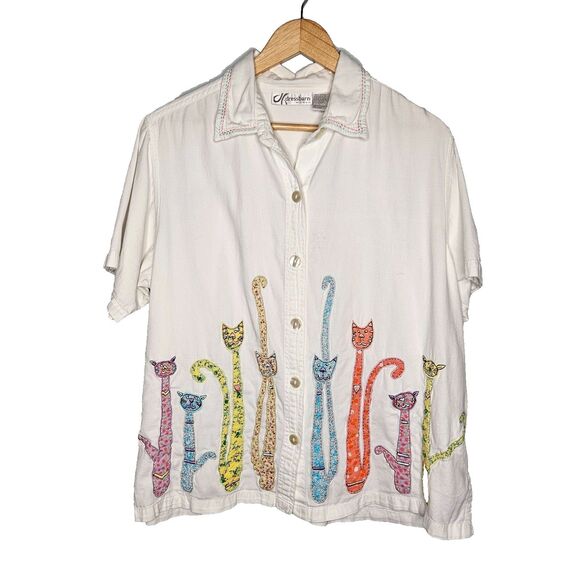 DRESS BARN Vtg Shirt Womens 1X White Applique Cats Short Sleeves Button Up - Picture 1 of 8